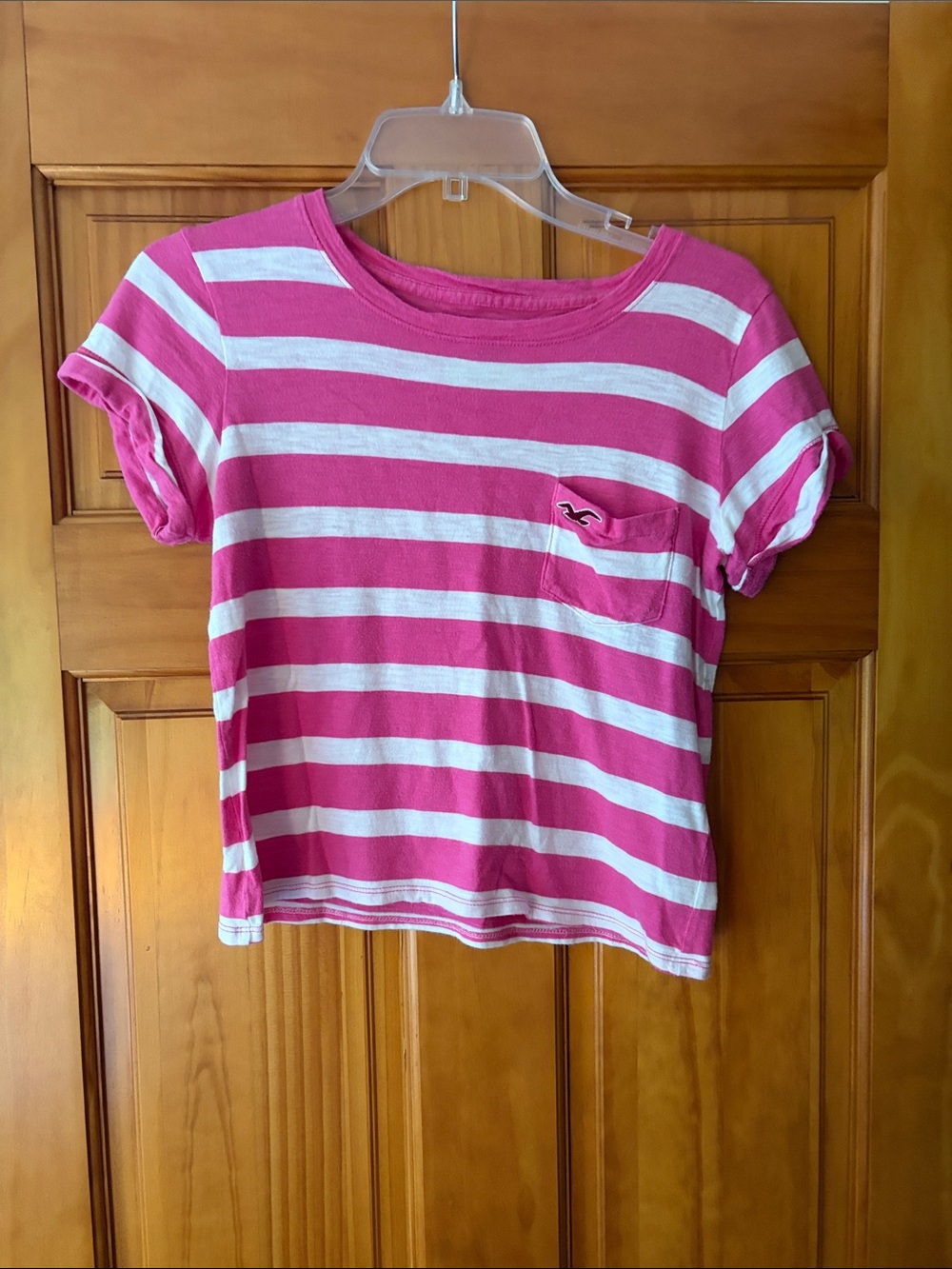 Hollister Pink and White Striped Pocket Tee Sz XS